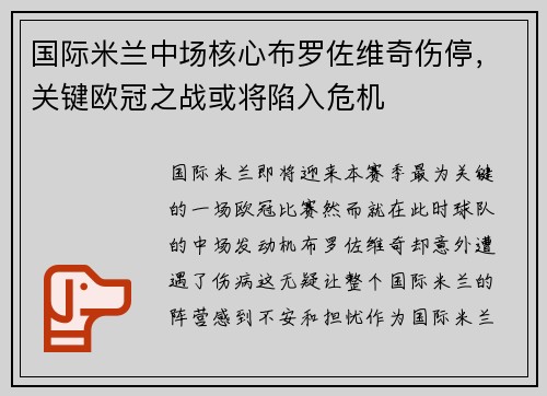 国际米兰中场核心布罗佐维奇伤停，关键欧冠之战或将陷入危机